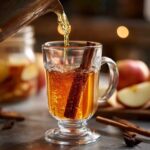 Pouring a spiced apple cider cocktail into a glass with a cinnamon stick. Apples and spices surround the drink.