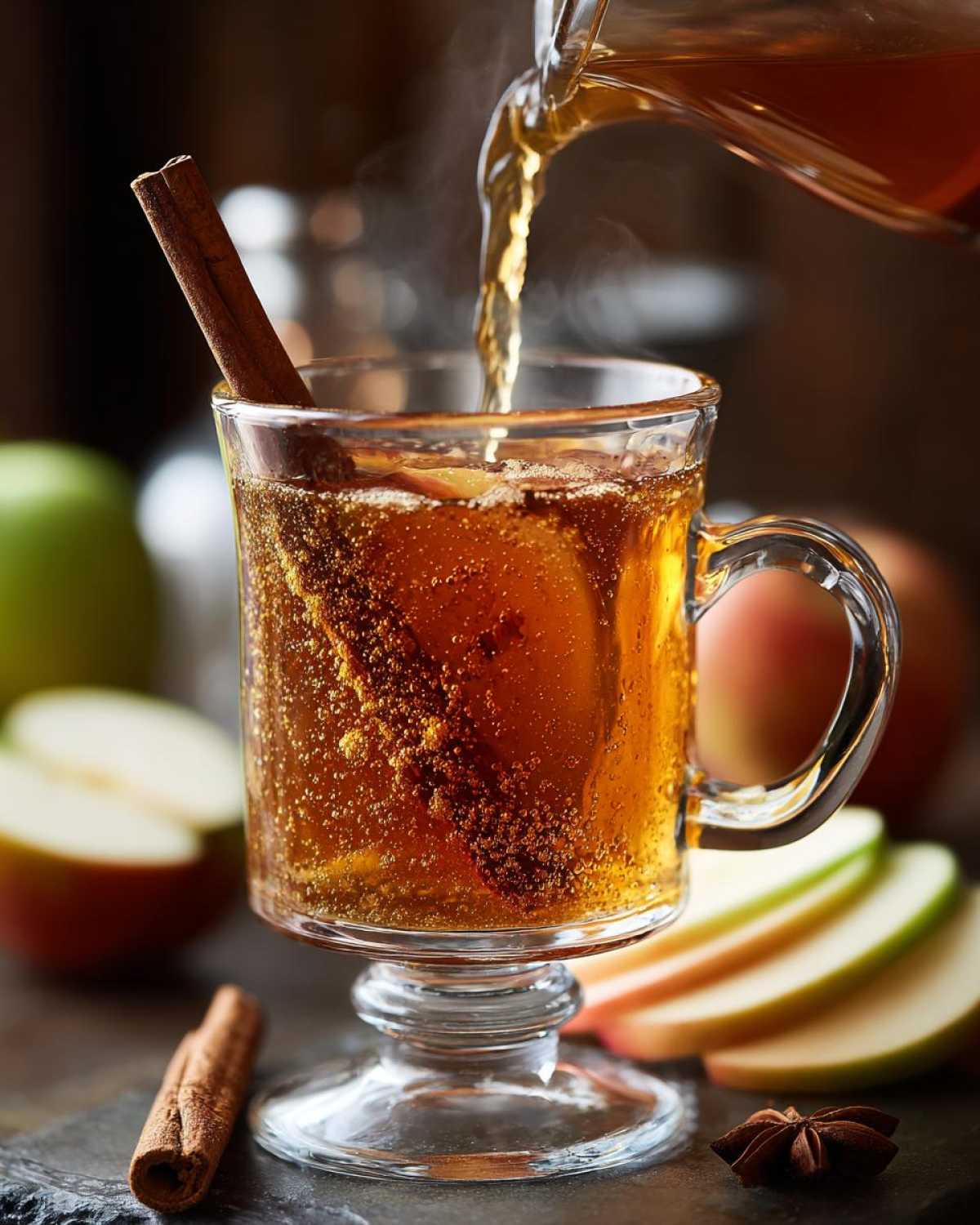 Apple cider cocktail being poured into a glass with a cinnamon stick. Apple slices and star anise are nearby.