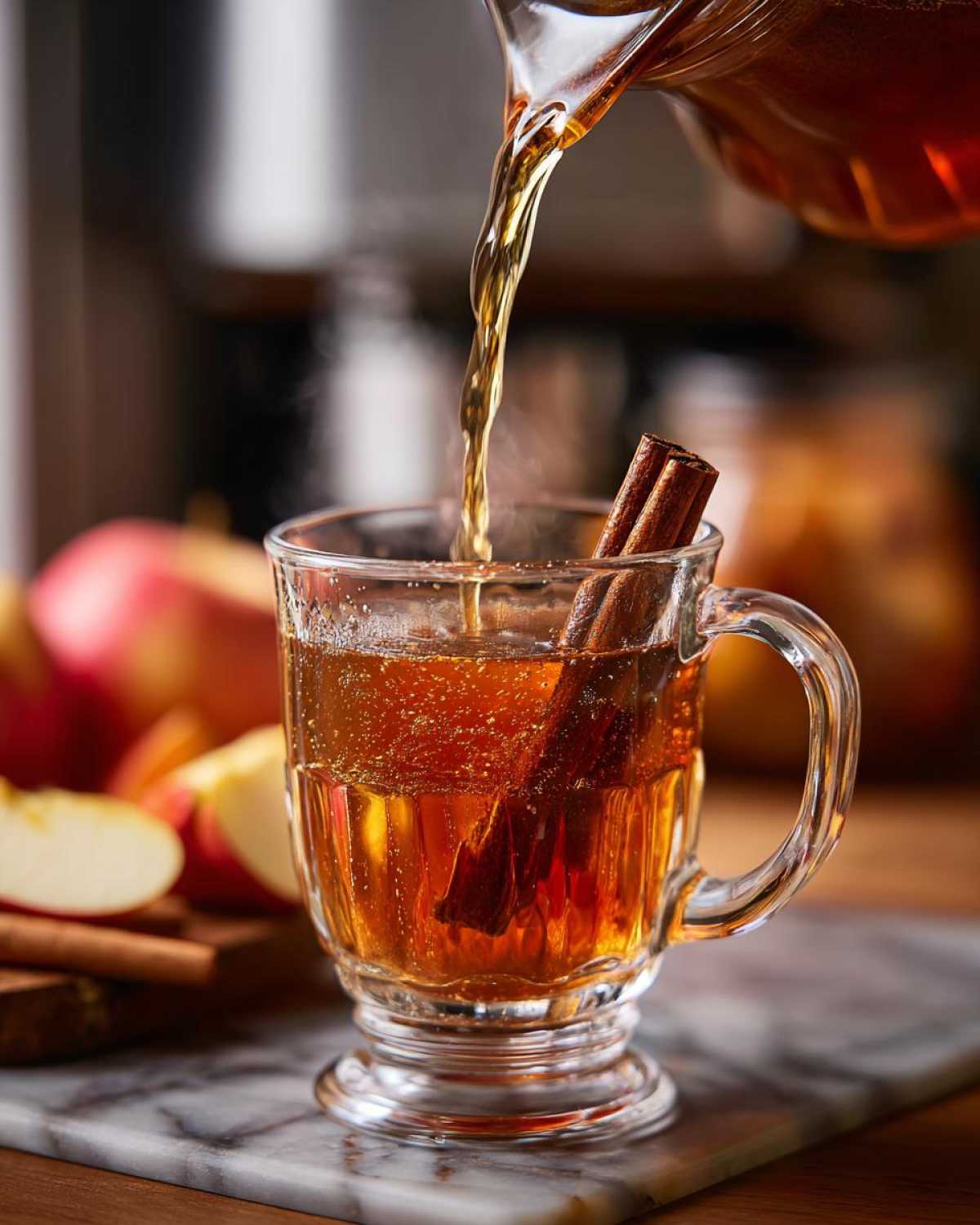 Apple cider cocktail being poured into a glass mug with cinnamon sticks, apples in the background.