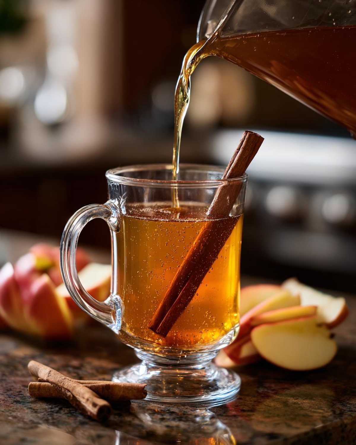 Apple cider cocktail being poured into a glass with a cinnamon stick, surrounded by apple slices.