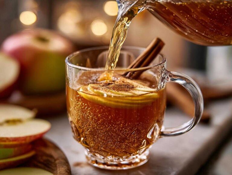 Apple cider cocktail being poured into a glass mug with apple slices and a cinnamon stick.