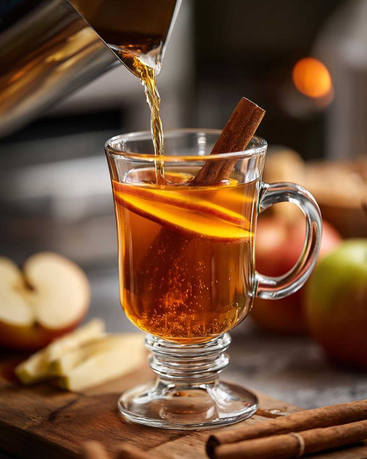Apple cider cocktail being poured into a glass with apple slices and cinnamon stick.