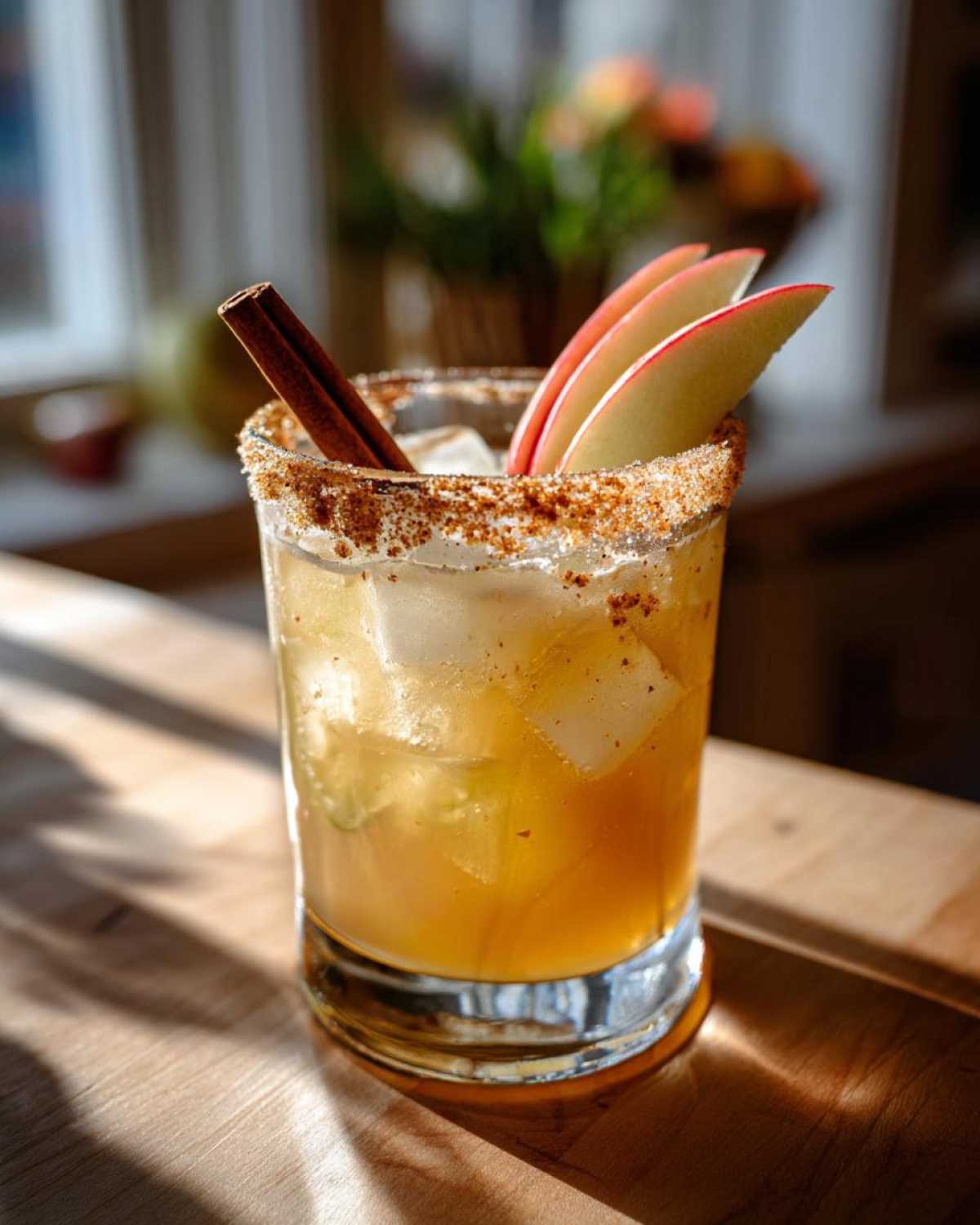 A refreshing apple cider margarita with ice, cinnamon stick, apple slices, and a cinnamon-sugar rim.