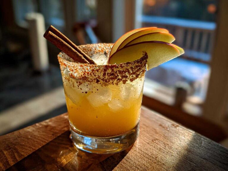A delicious apple cider margarita in a glass with ice, cinnamon stick, apple slices, and a cinnamon sugar rim.