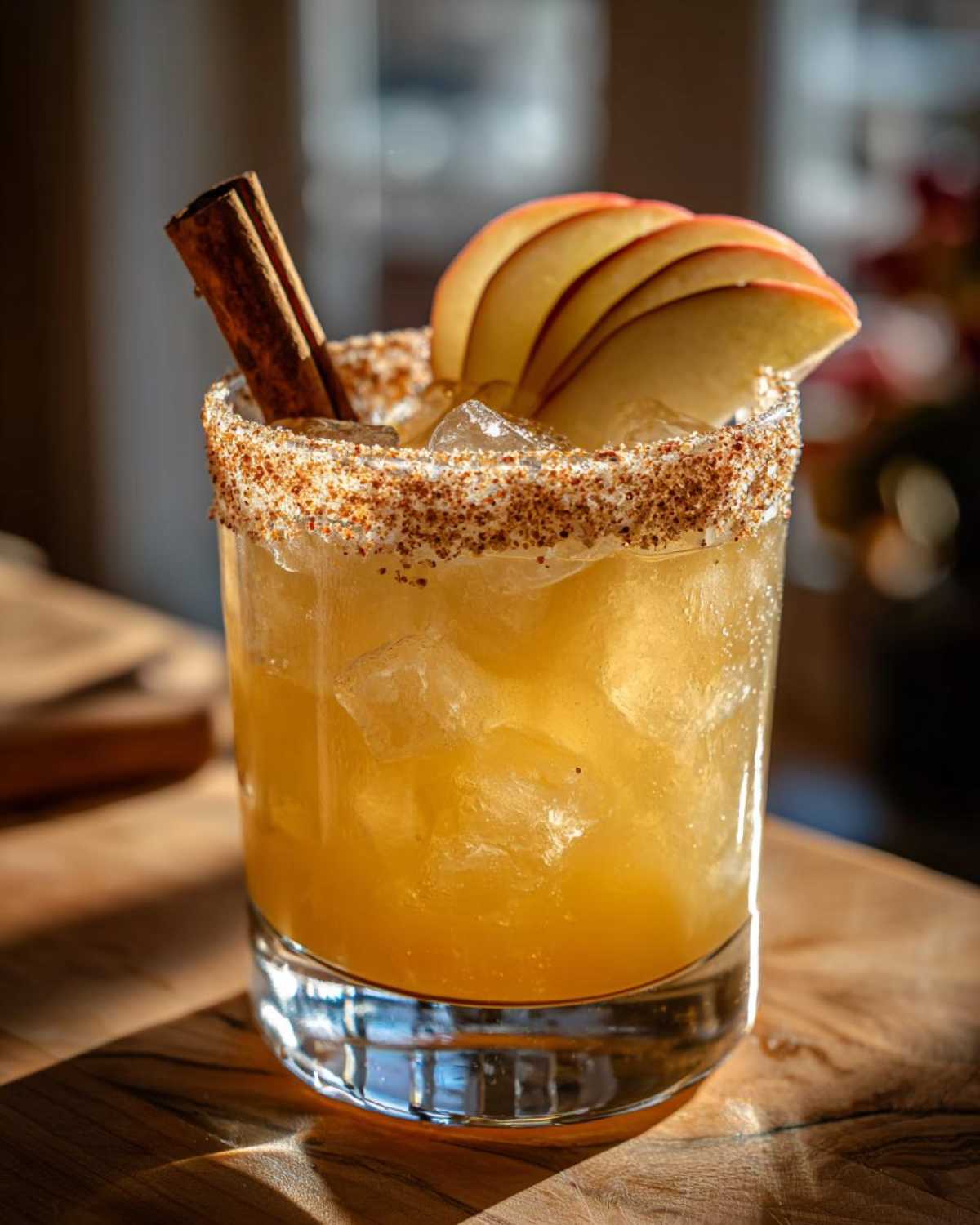 A delicious apple cider margarita garnished with apple slices and a cinnamon stick, rimmed with cinnamon sugar.