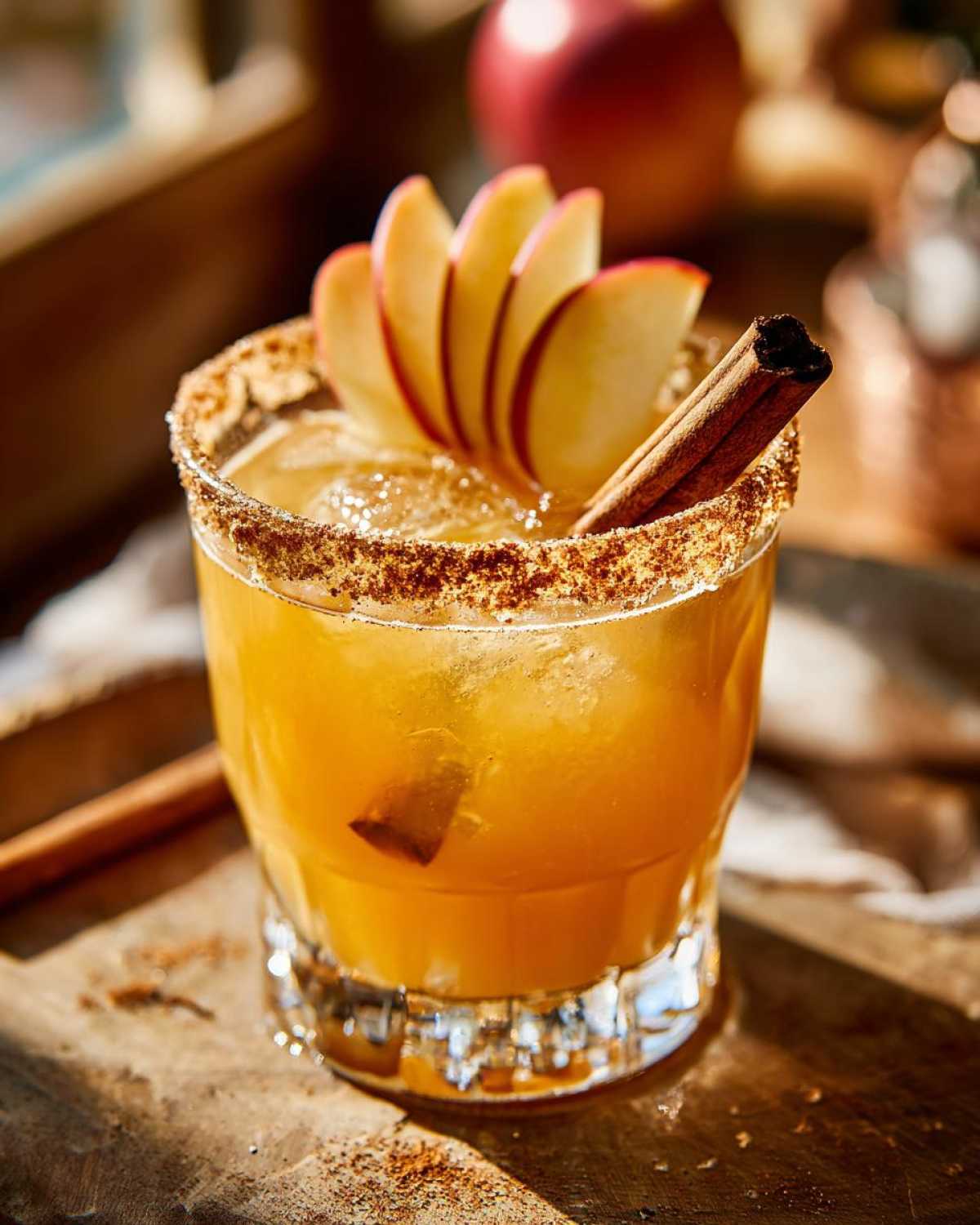 An apple cider margarita garnished with apple slices and a cinnamon stick, rimmed with cinnamon sugar.
