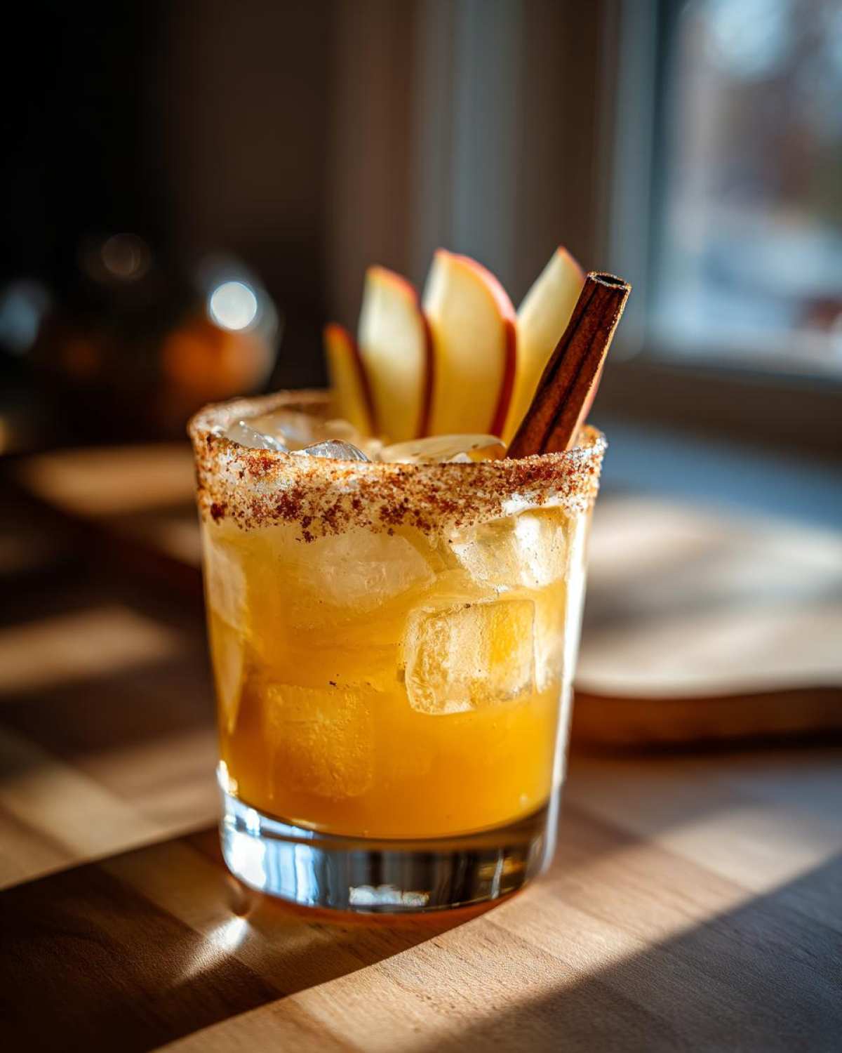 A refreshing apple cider margarita with ice, apple slices, and a cinnamon stick garnish. Rim is coated with cinnamon sugar.