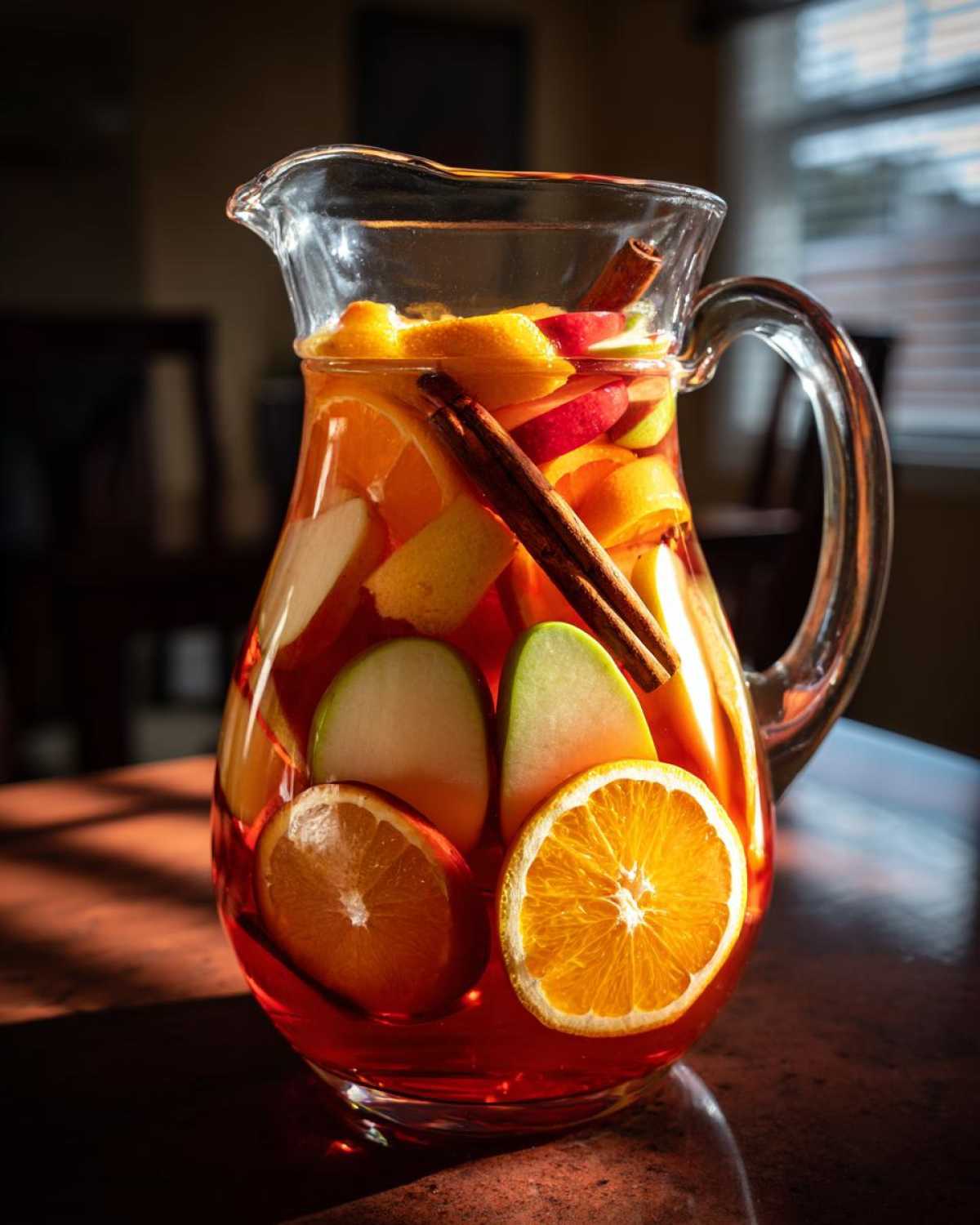 A glass pitcher filled with apple cider sangria, featuring apple slices, oranges, and cinnamon sticks.