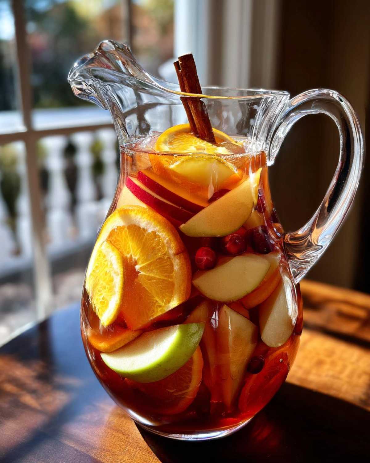 A glass pitcher filled with apple cider sangria, featuring apple slices, oranges, cranberries, and cinnamon sticks.