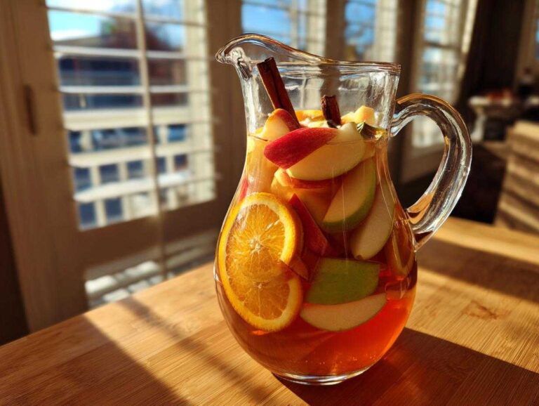A glass pitcher filled with apple cider sangria, featuring apple slices, orange, and cinnamon sticks.