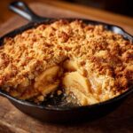 Close-up of a freshly baked apple crisp in a cast iron skillet, showcasing the apple filling and golden brown topping.