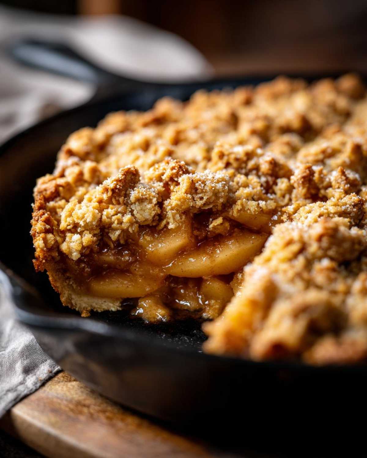 Close-up of a homemade apple crisp with a golden brown topping, baked in a cast iron skillet.