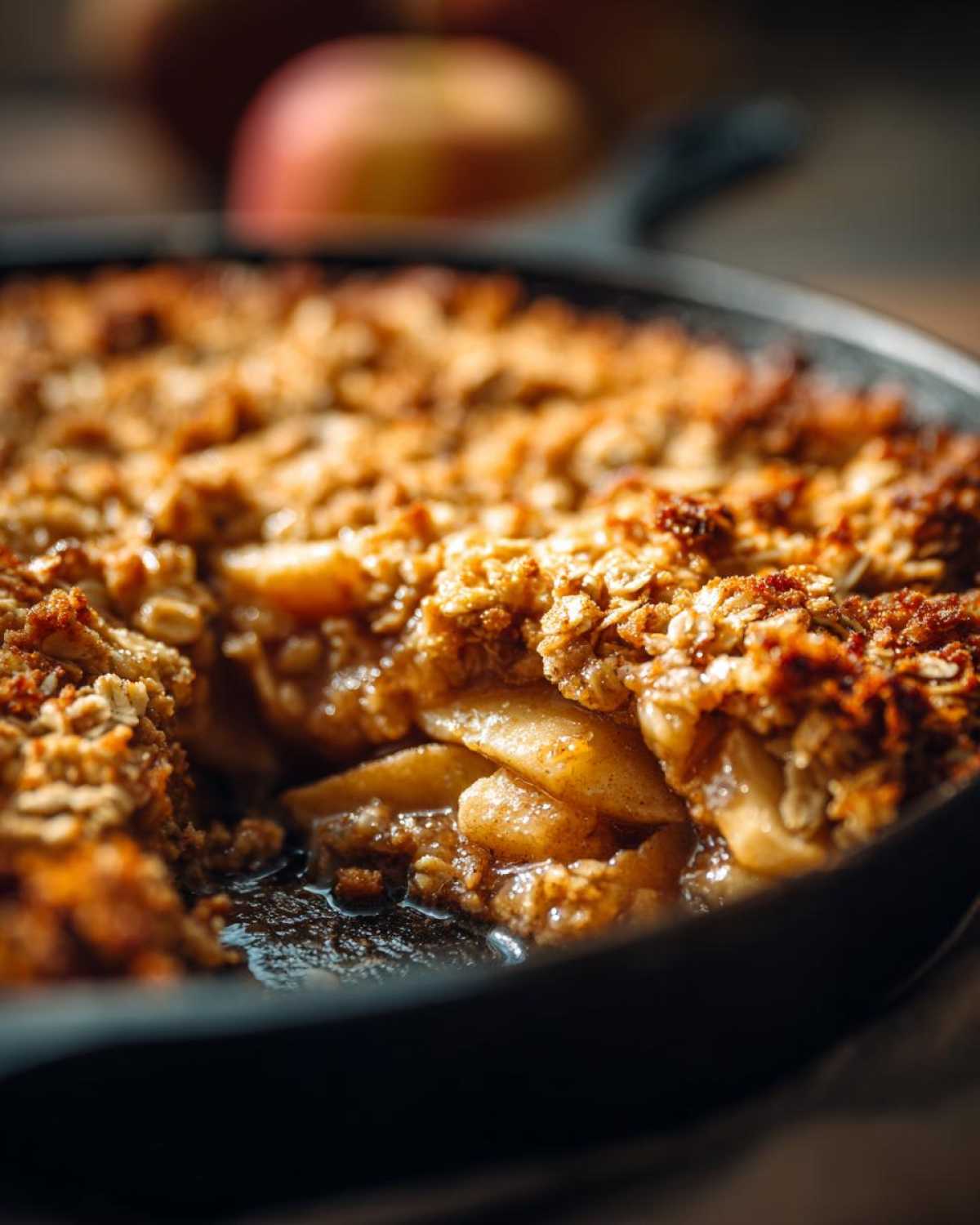 Close-up of a golden brown apple crisp with a crisp oat topping in a cast iron skillet.