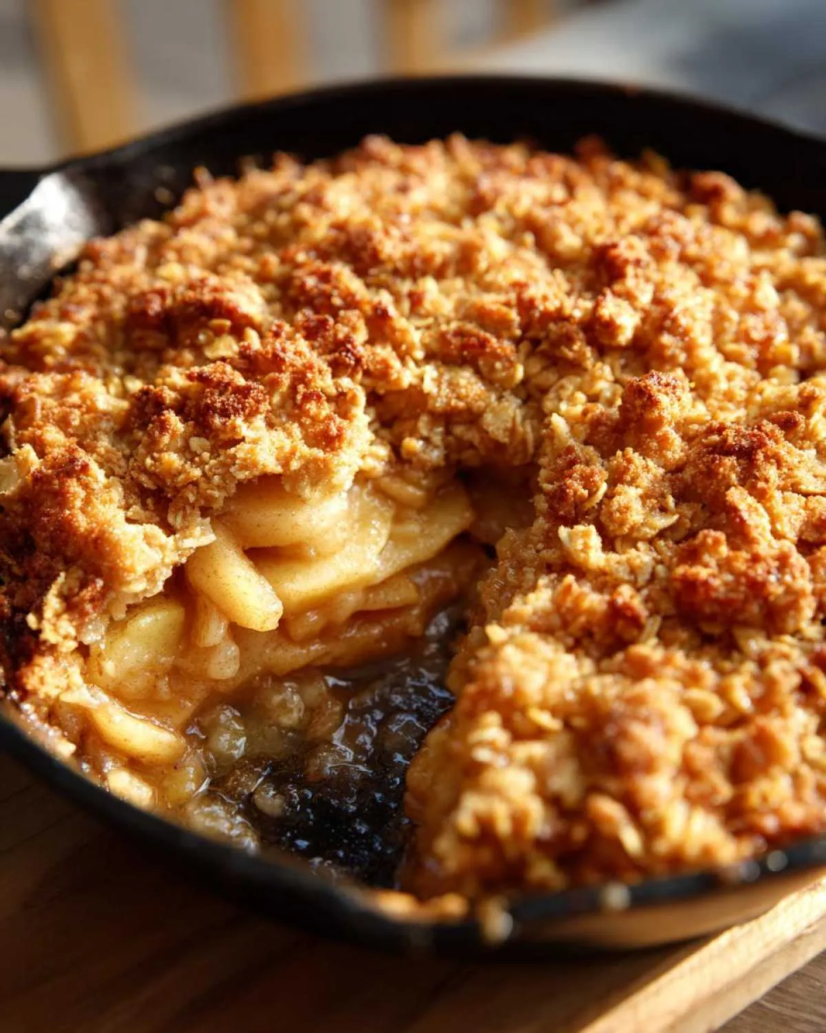 Close-up of a freshly baked apple crisp in a cast iron skillet with a portion missing, revealing the apple filling.