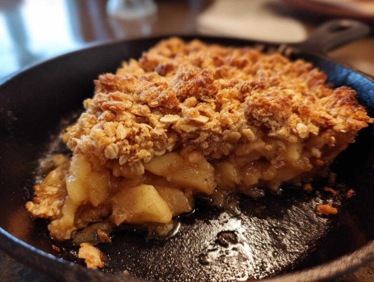 A close-up of a slice of apple crisp in a cast iron skillet, showcasing the apple filling and golden brown topping.