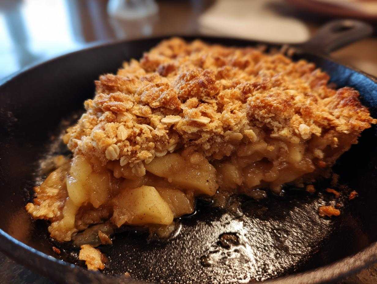 A close-up of a slice of apple crisp in a cast iron skillet, showcasing the apple filling and golden brown topping.