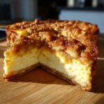 A close-up of a slice of apple crumble cheesecake, showing the creamy filling and apple crumble topping.