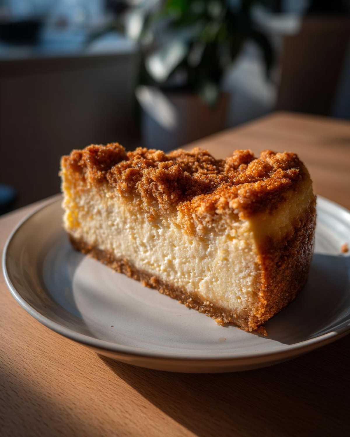 A delicious slice of apple crumble cheesecake on a plate, showcasing the creamy filling and crumble topping.