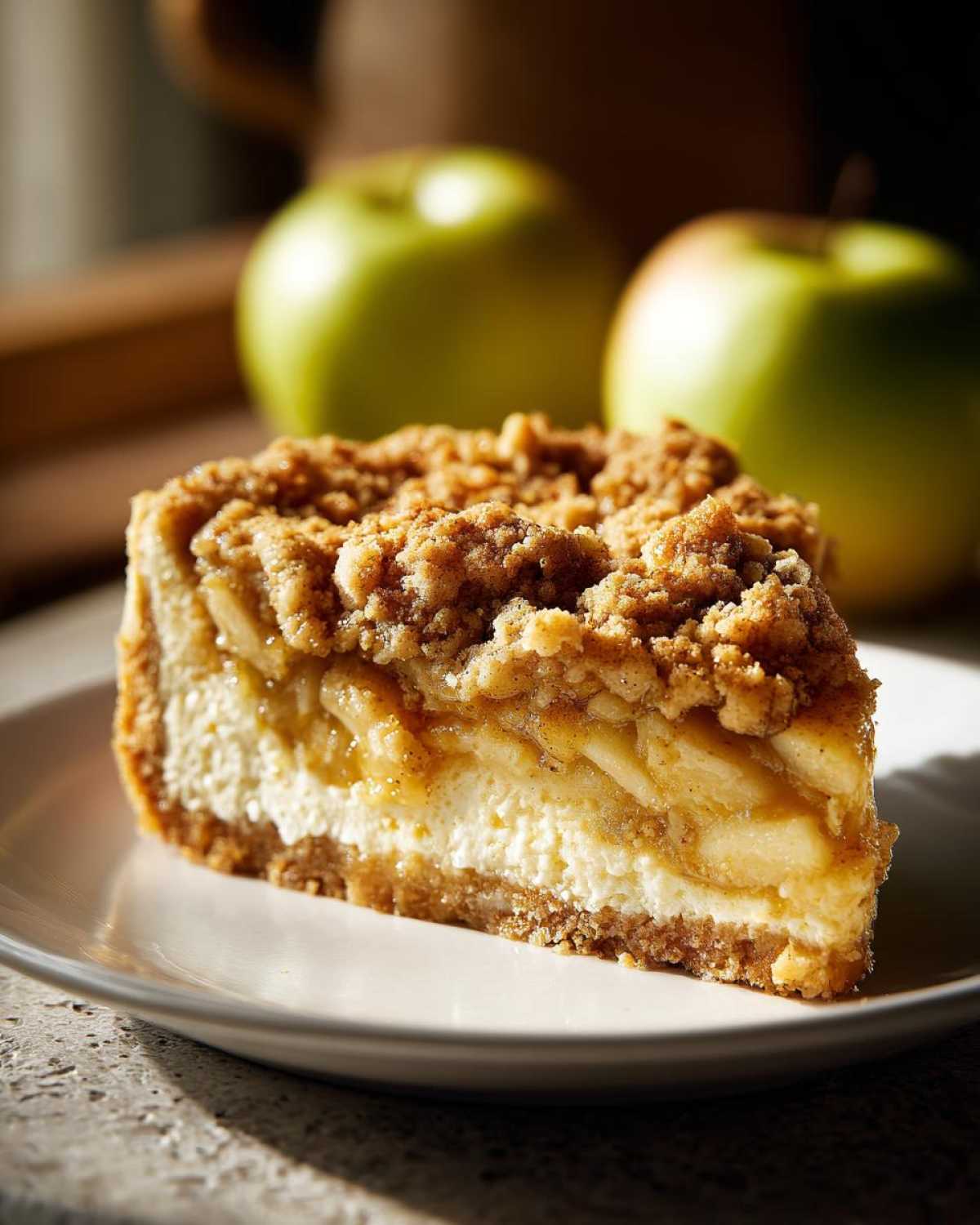 A delicious slice of apple crumble cheesecake with visible layers of crust, cheesecake, apple filling, and crumble topping.
