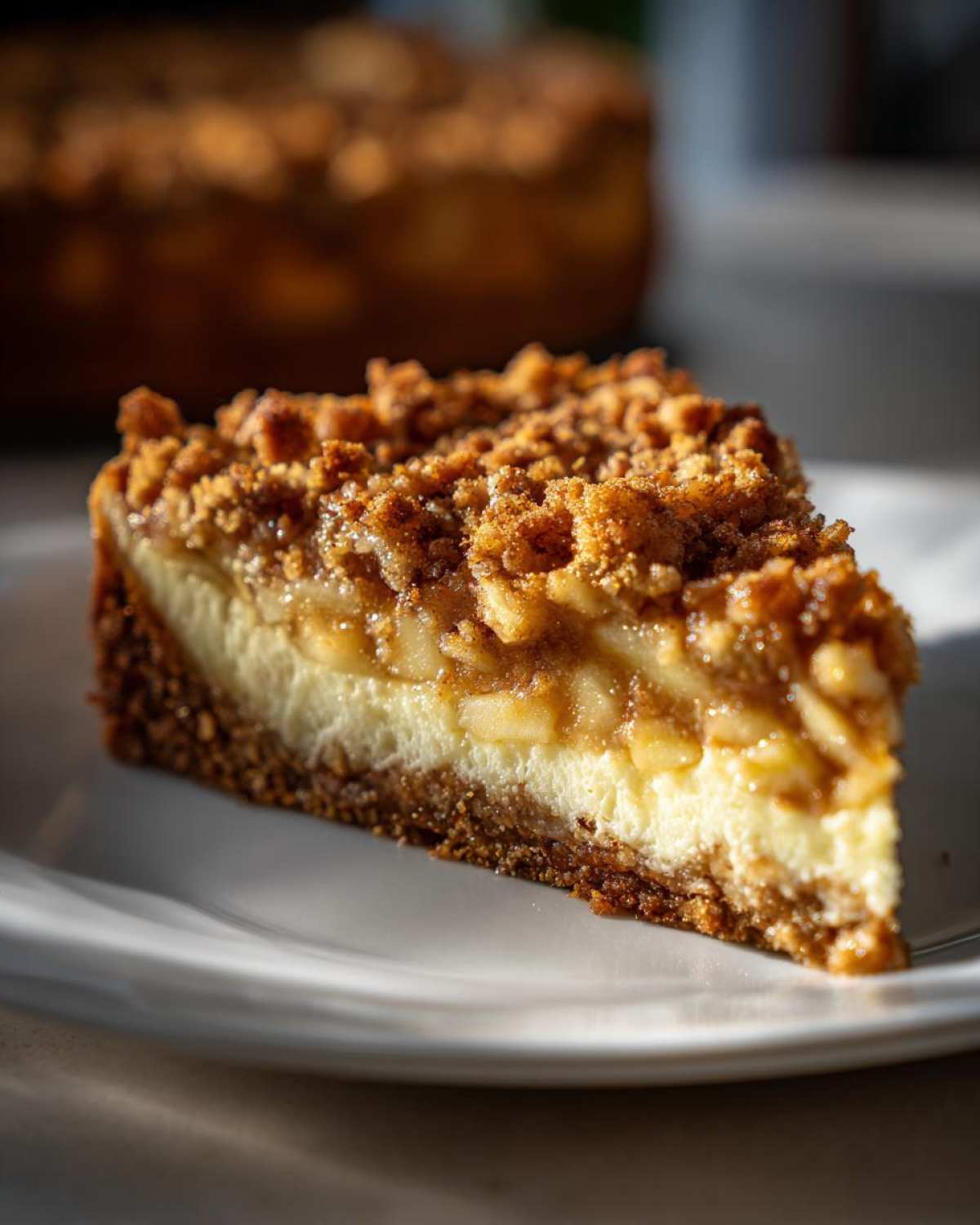 A slice of apple crumble cheesecake on a white plate, showing the layers of crust, cheesecake, apple filling, and crumble topping.