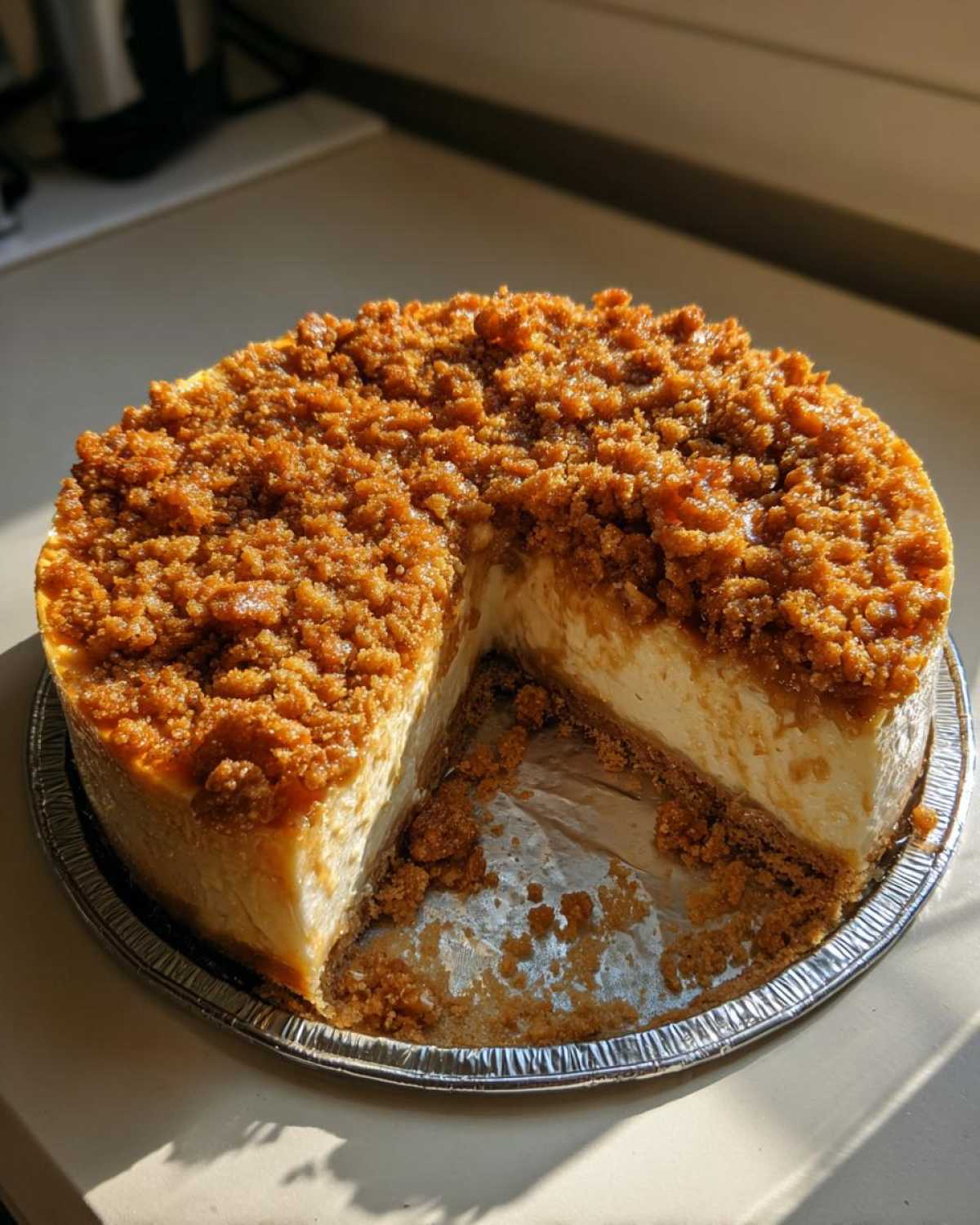 A delicious apple crumble cheesecake with a slice missing, showing the creamy filling and crumbly topping.