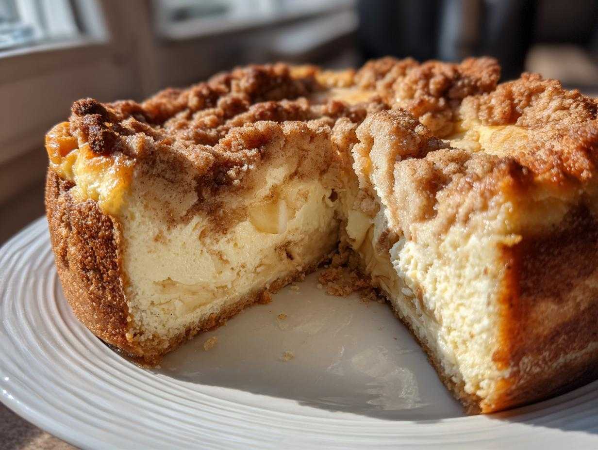 A delicious apple crumble cheesecake with a slice removed, revealing the creamy filling and apple pieces.