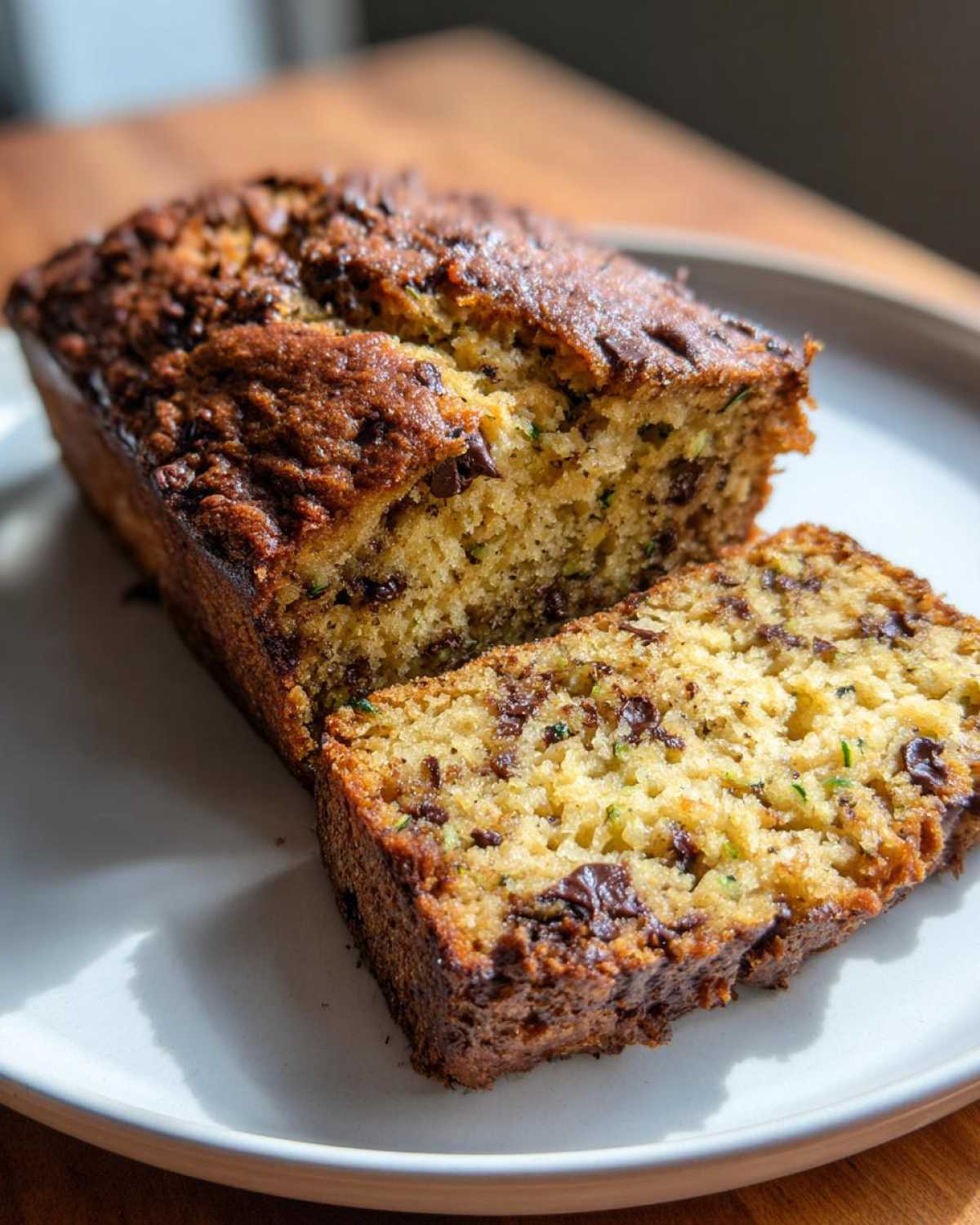 A loaf of banana zucchini bread with a slice cut, showing chocolate chips and zucchini.