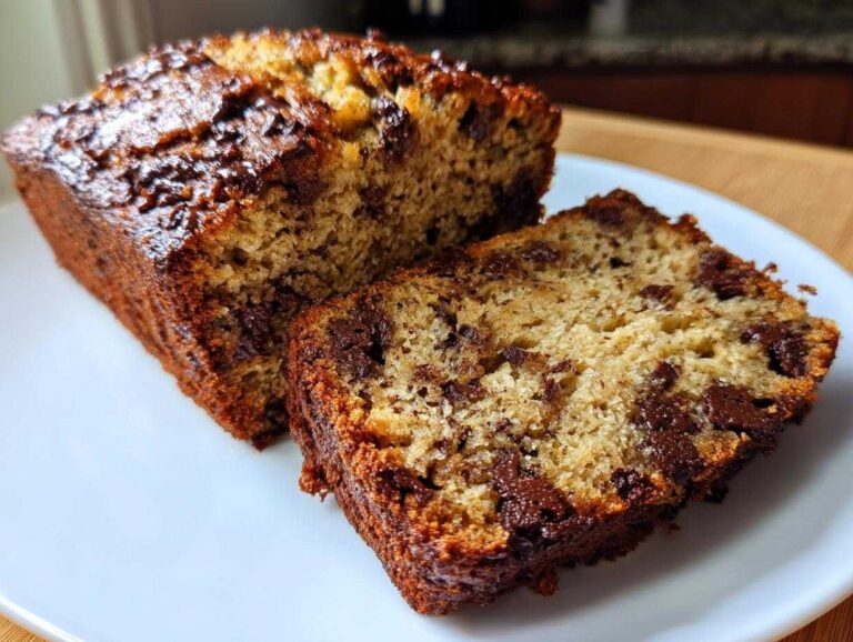 A loaf of banana zucchini bread with chocolate chips, with a slice cut, sitting on a white plate.