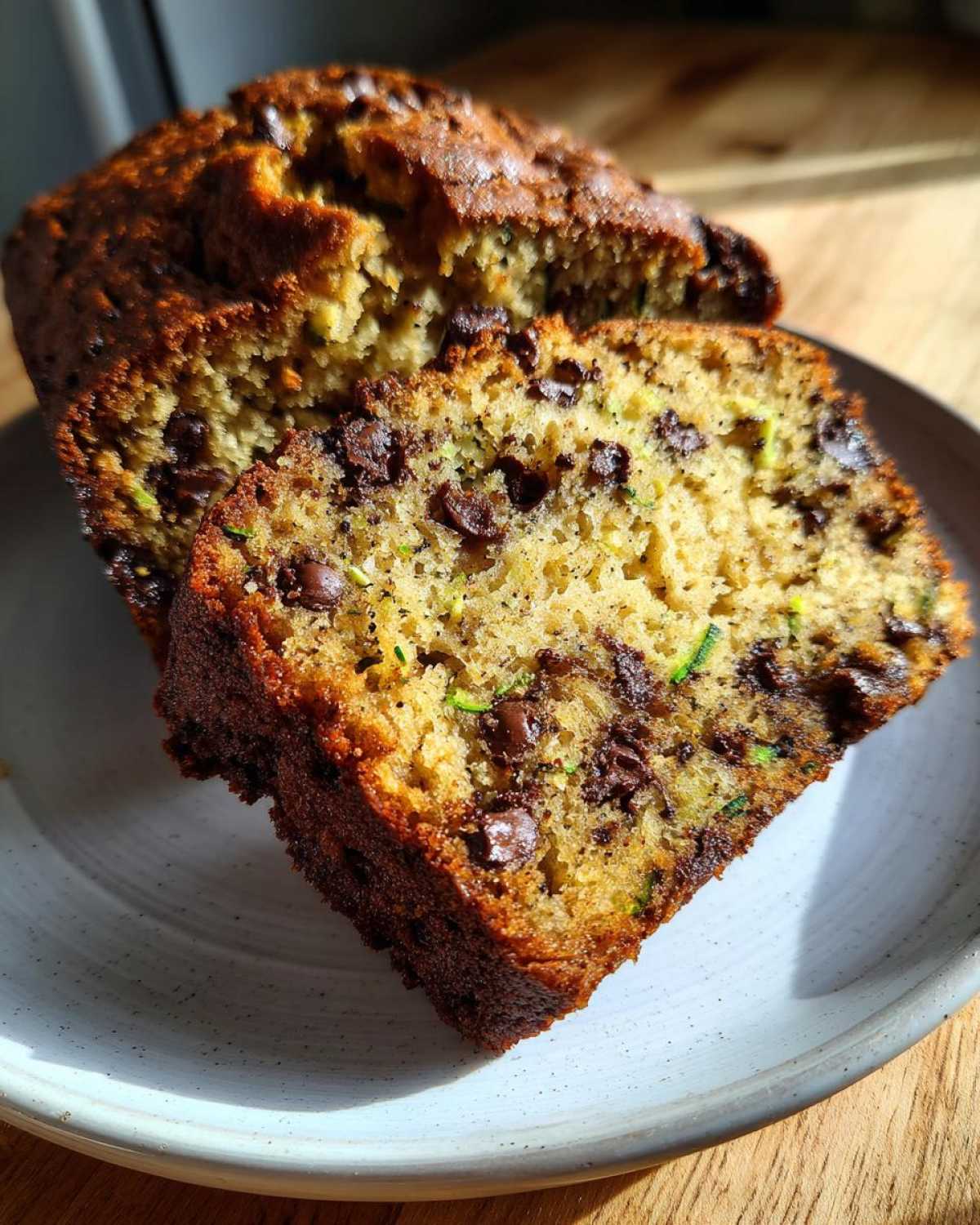 A slice of moist banana zucchini bread with chocolate chips, showcasing the texture and ingredients.