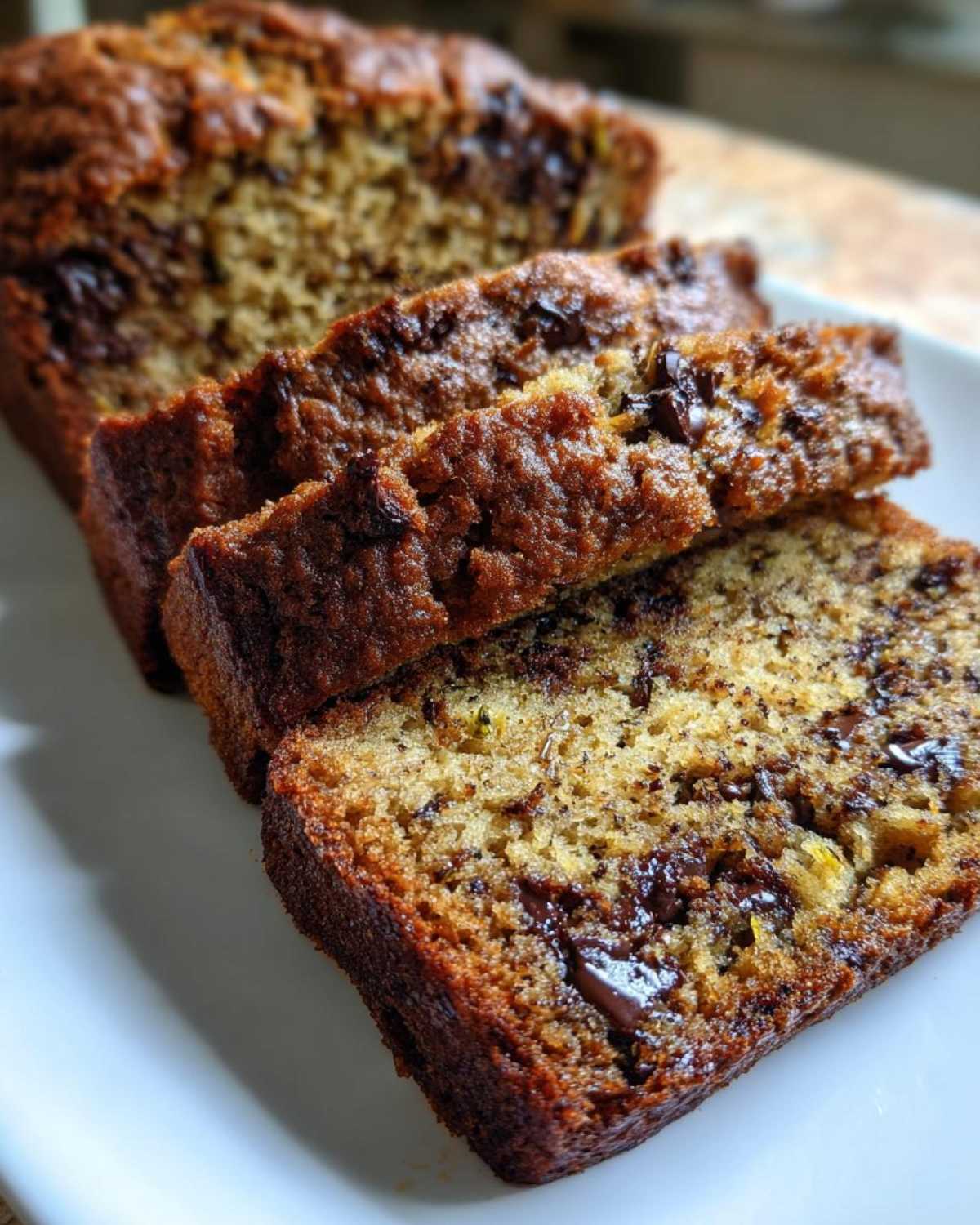 Close-up of sliced banana zucchini bread with chocolate chips on a white plate.