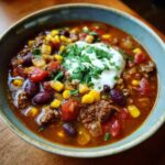 A bowl of hearty taco soup, topped with sour cream and fresh parsley. Includes corn, beans, tomatoes, and ground beef.
