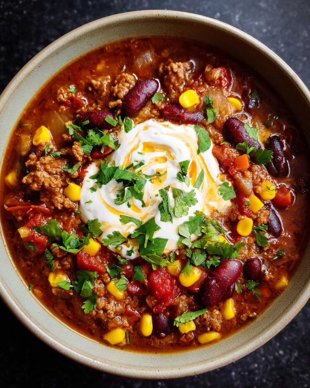 Overhead view of a bowl of taco soup, topped with sour cream and fresh cilantro.