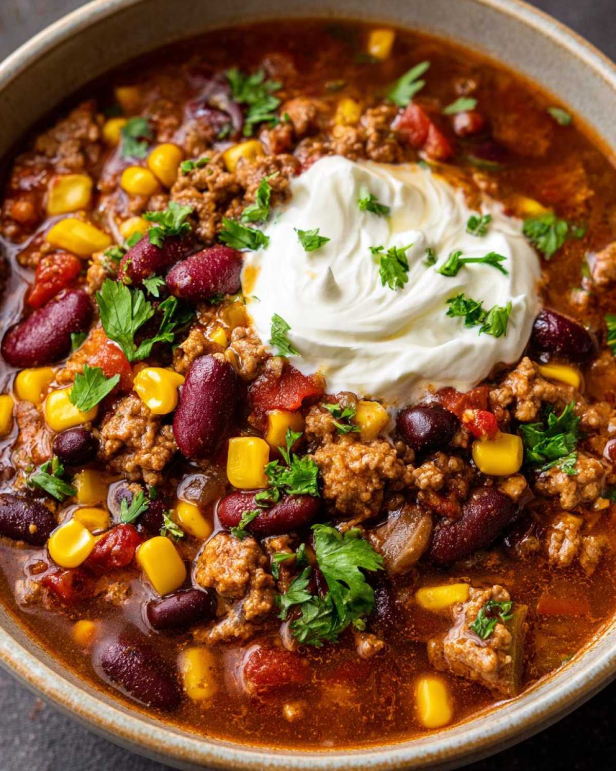 Close-up of a bowl of taco soup topped with sour cream, corn, beans, and parsley.