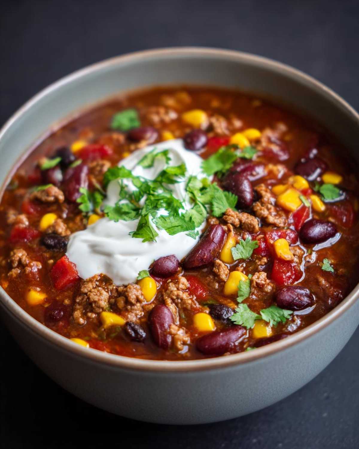 A delicious bowl of taco soup topped with sour cream and cilantro, showcasing beans, corn, and ground beef.