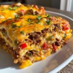 A slice of cheesy burrito bake with layers of ground beef, tortillas, and vegetables. Delicious burrito bake recipe.