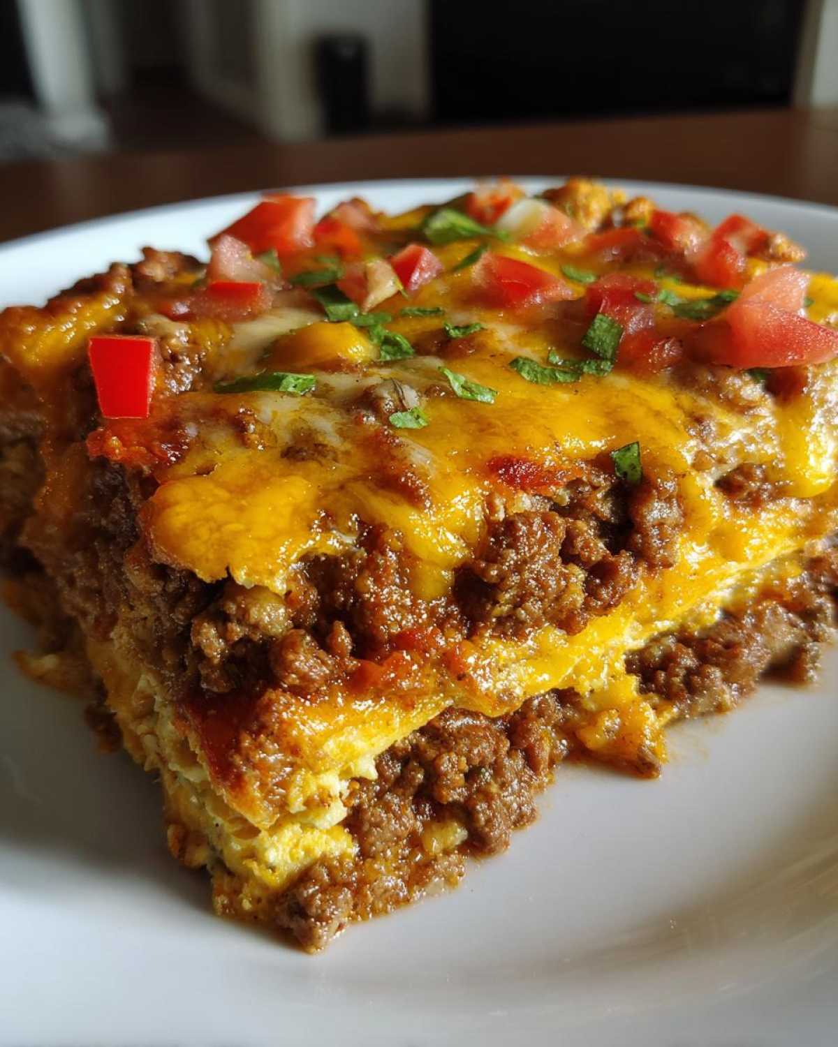 A slice of burrito bake on a white plate, topped with cheese, tomatoes, and herbs. A hearty and flavorful dish.