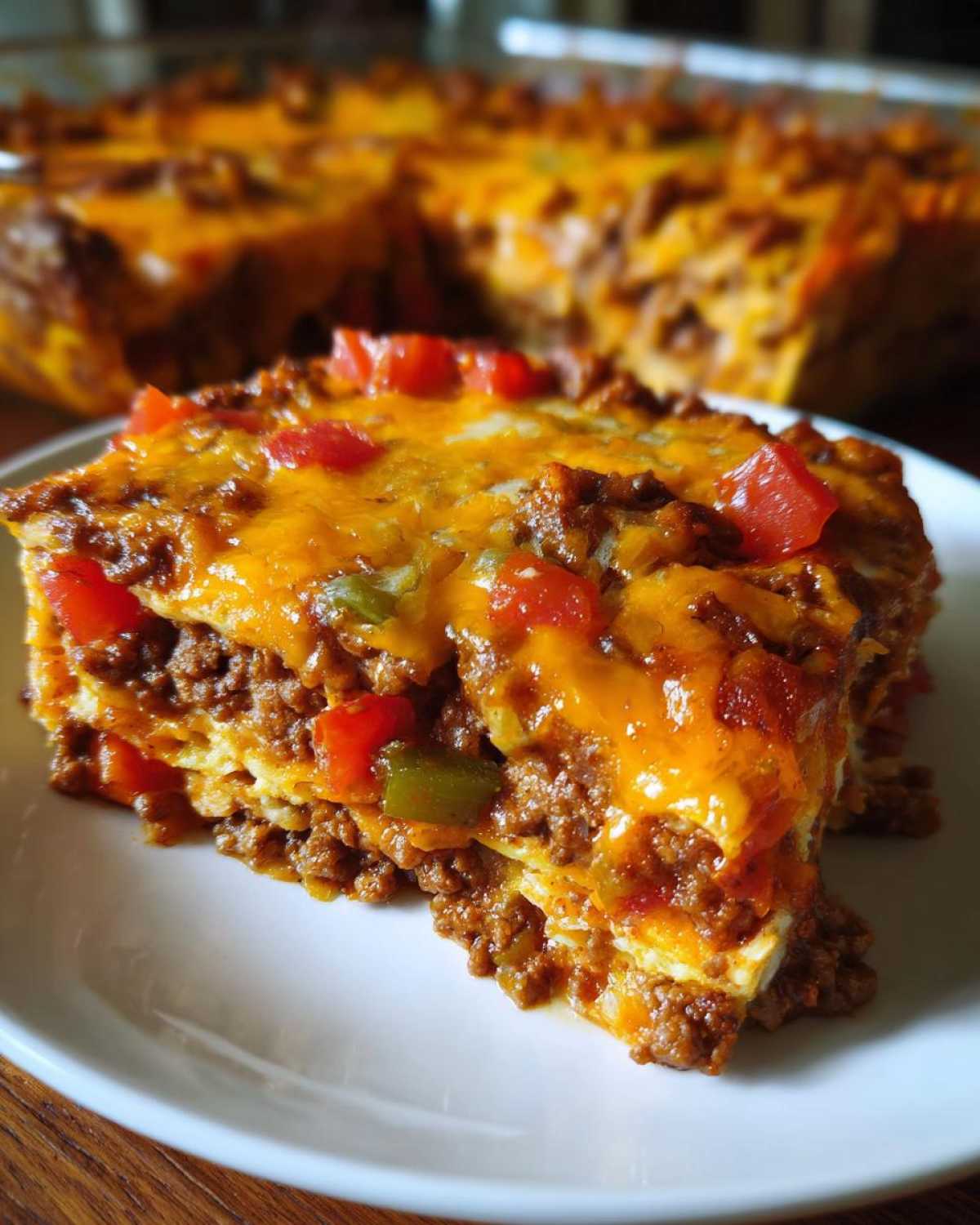 A slice of burrito bake on a white plate, topped with melted cheese, tomatoes, and peppers.