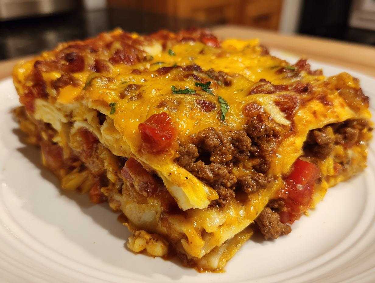 A slice of burrito bake featuring layers of tortillas, seasoned ground beef, cheese, and diced tomatoes.