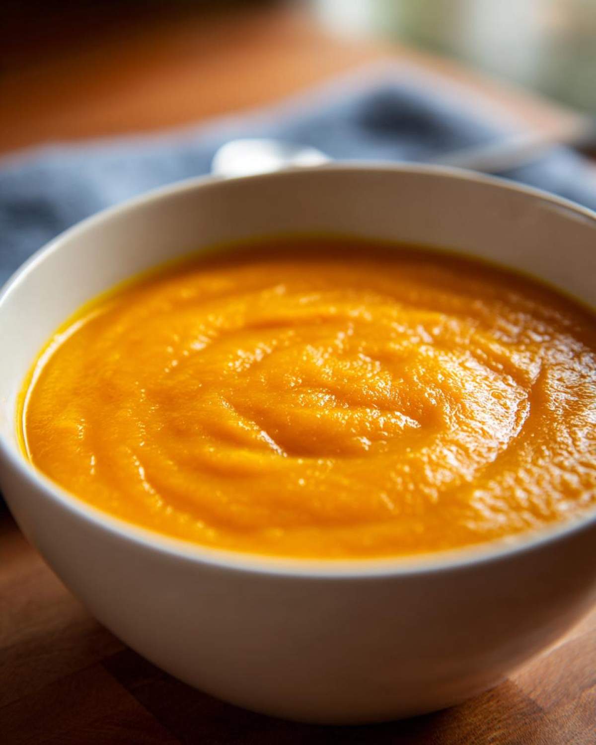 Close-up of a bowl of vibrant, creamy butternut squash soup, ready to be enjoyed.