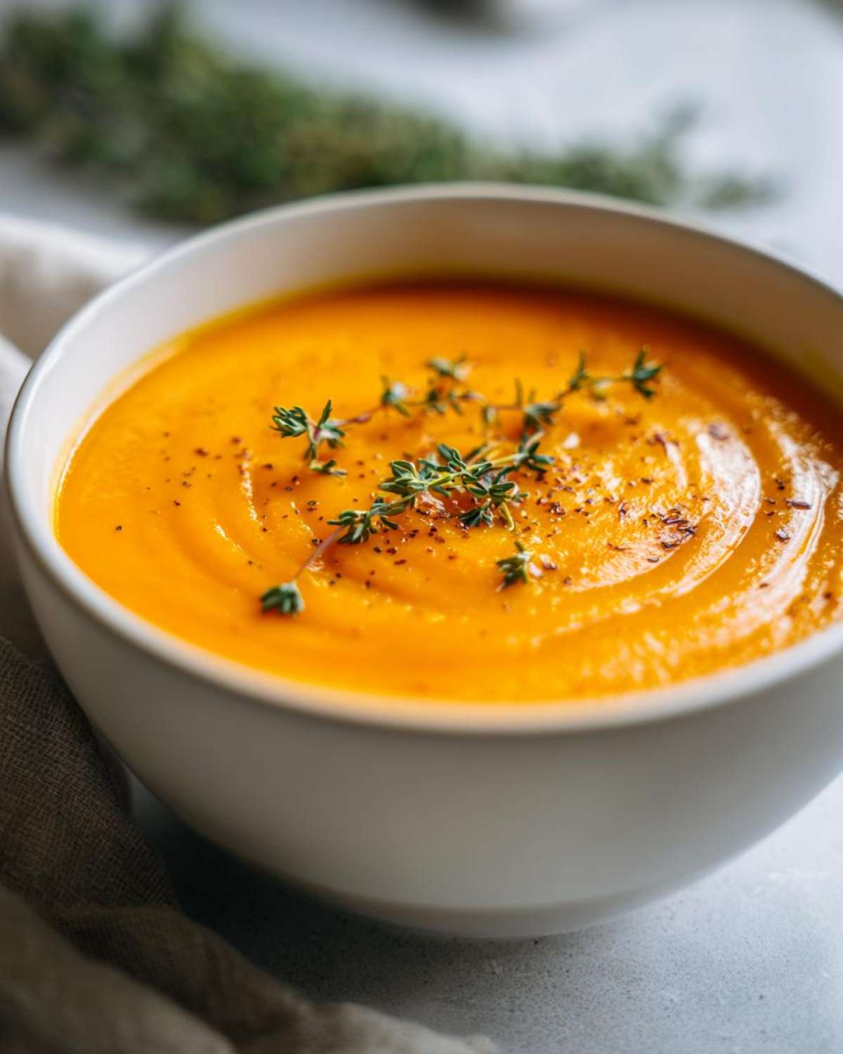 A bowl of vibrant butternut squash soup, garnished with thyme and pepper.