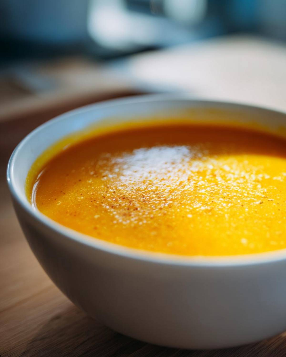 Close-up of a bowl of vibrant butternut squash soup, topped with spices, on a wooden surface.