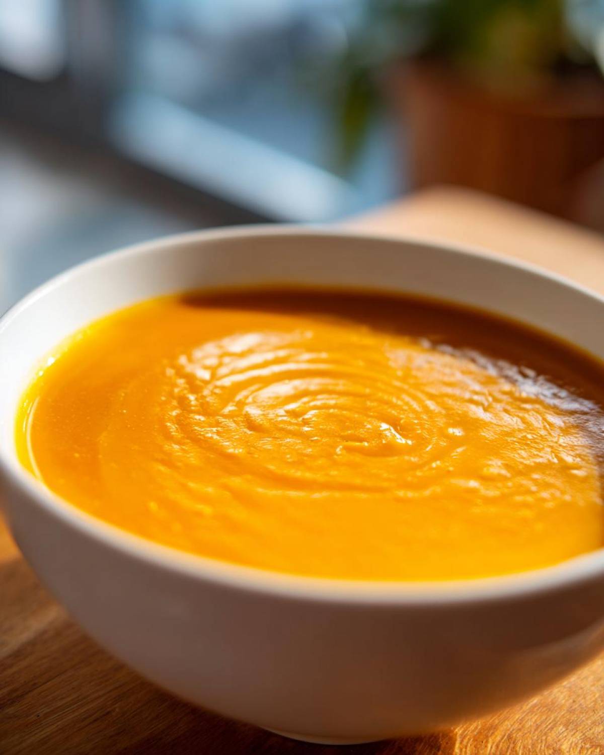 A bowl of vibrant, creamy butternut squash soup, showcasing its smooth texture and rich color.