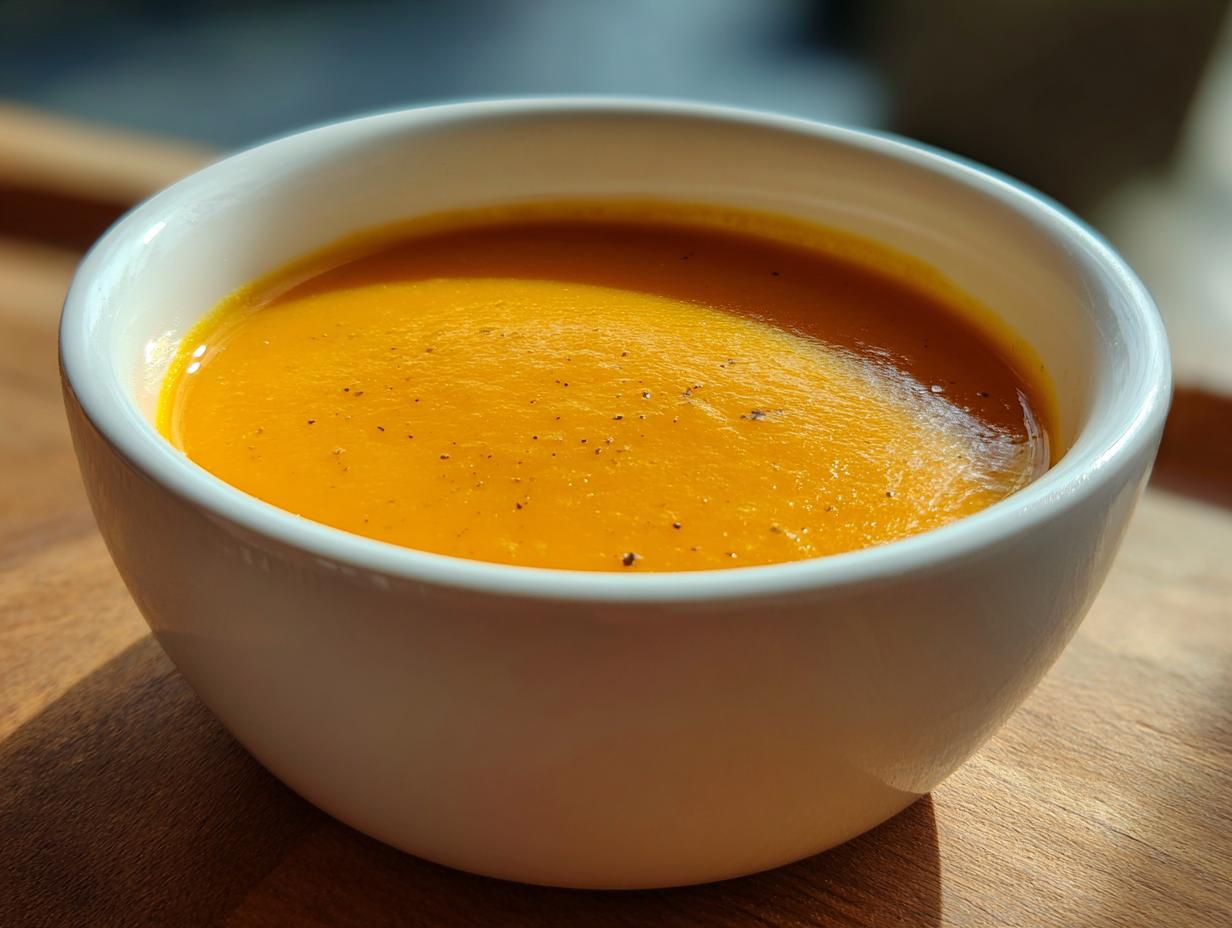 A bowl of smooth, creamy butternut squash soup, garnished with pepper, in a white bowl.