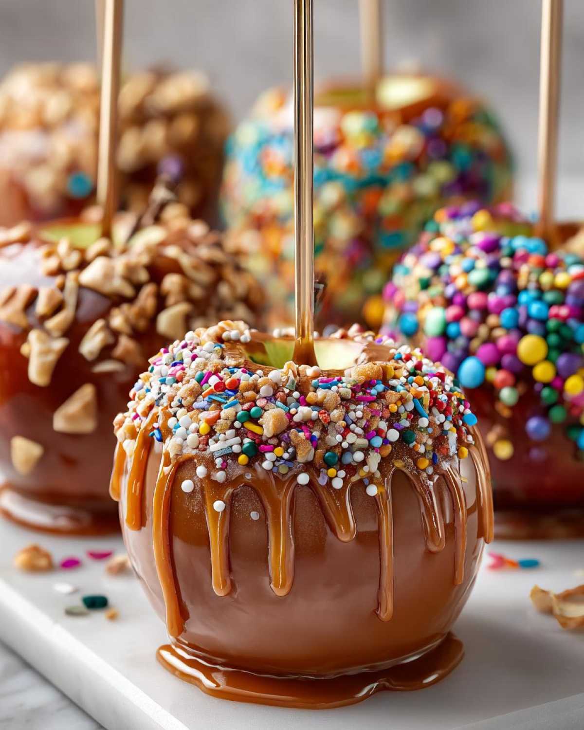 Close-up of a caramel apple bar creation with caramel drizzle and colorful sprinkles. Other decorated apples in the background.