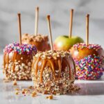 Selection of caramel apple bar creations with various toppings like nuts and sprinkles.