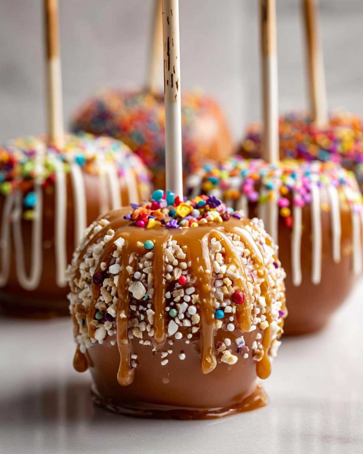 Close-up of caramel apple bar treats with various toppings like nuts, sprinkles, and caramel drizzle.