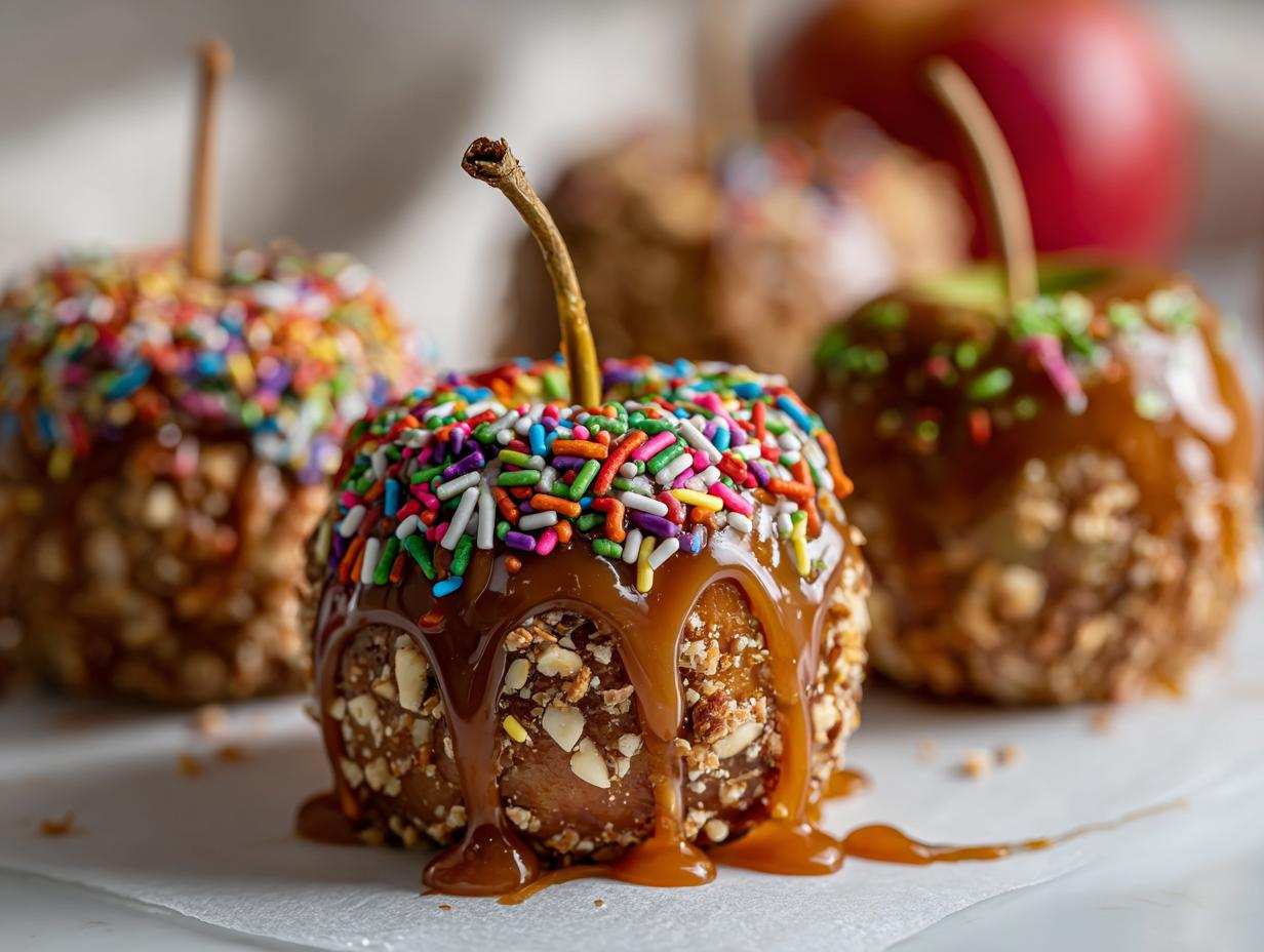 A selection of caramel apples with various toppings, perfect for a caramel apple bar. Sprinkles, nuts, and caramel drizzle.