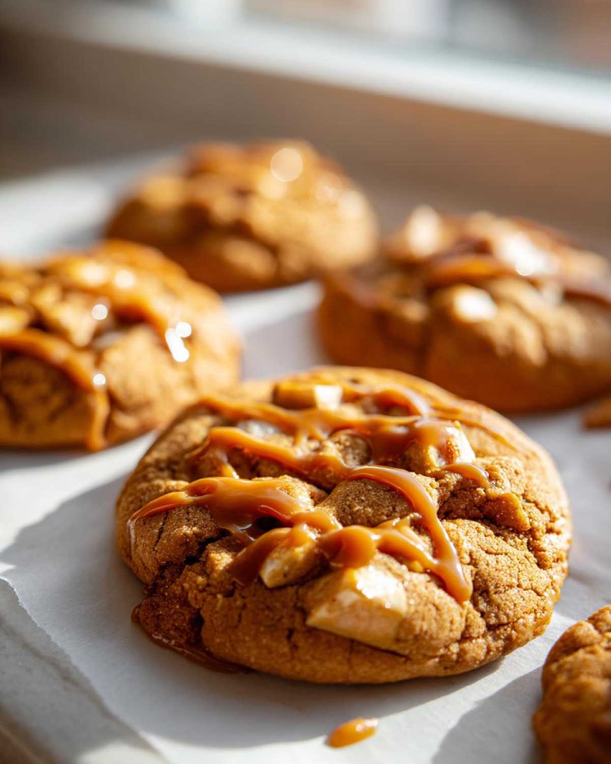 Close-up of caramel apple cookies with caramel drizzle and apple chunks on a baking sheet.