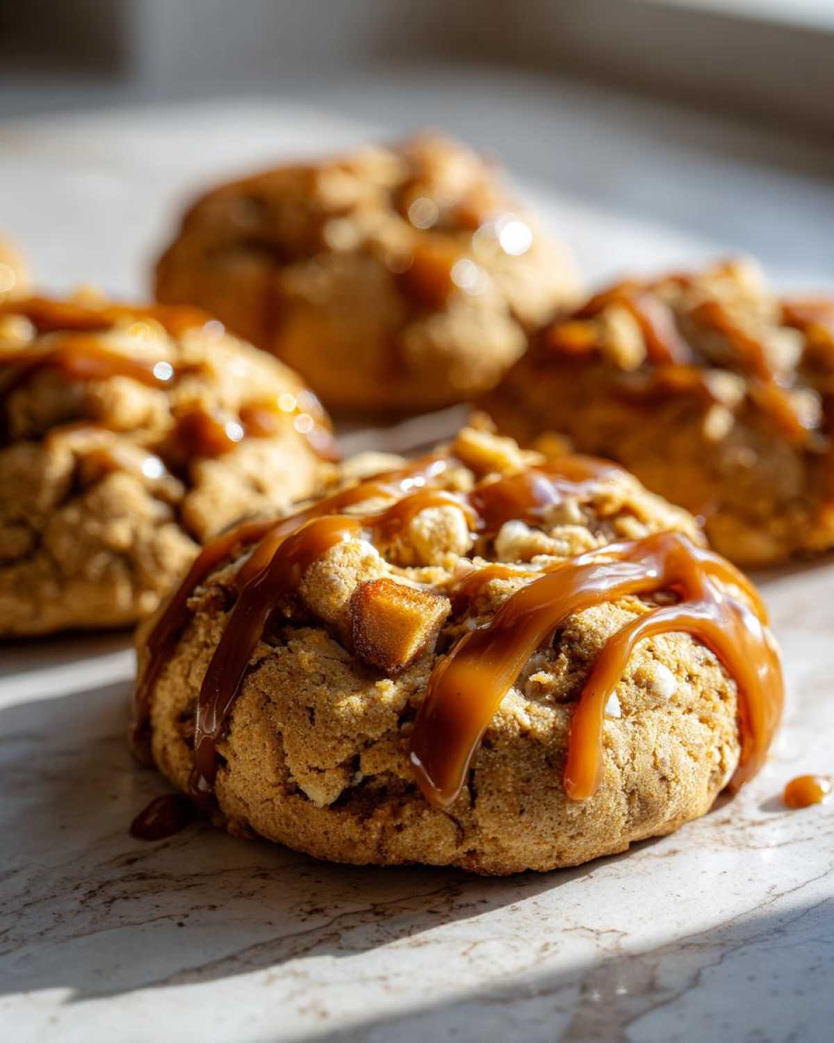 Close-up of caramel apple cookies with caramel drizzle on a marble surface.