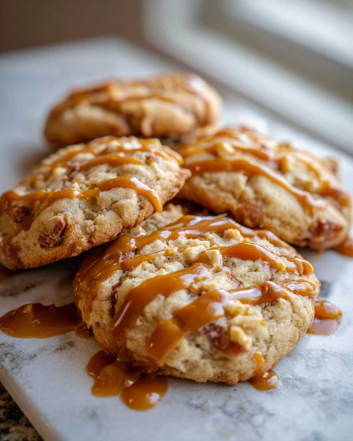 Close-up of caramel apple cookies drizzled with caramel on a marble surface.